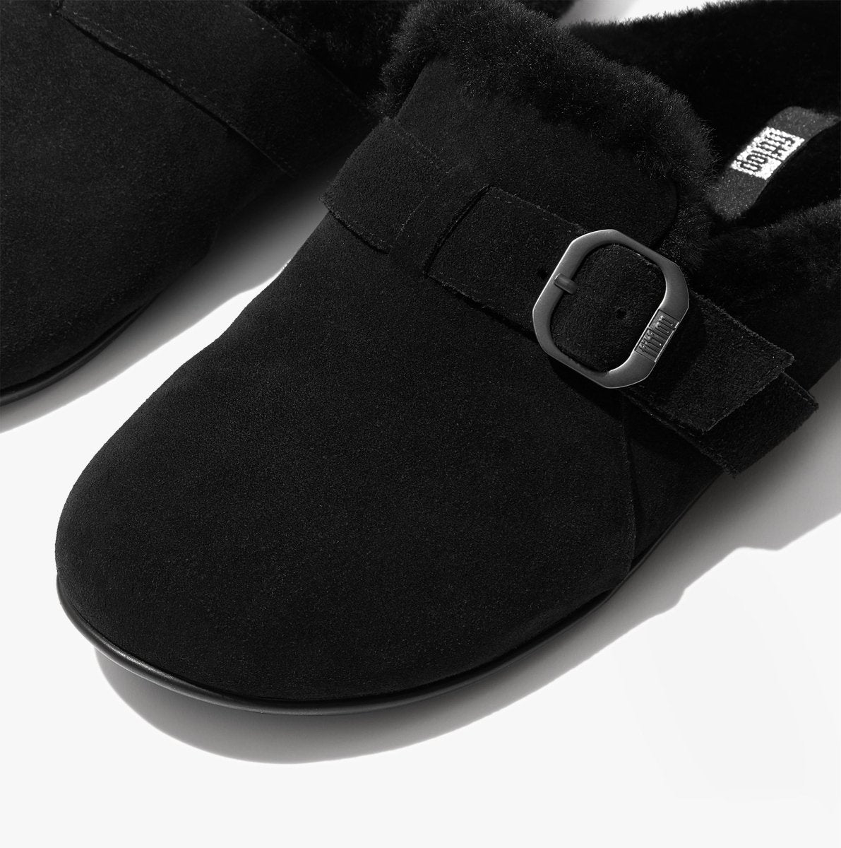 FitFlop CHRISSIE II Ladies Suede Buckle Slippers All Black - Shuperb