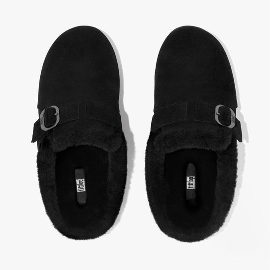 FitFlop CHRISSIE II Ladies Suede Buckle Slippers All Black - Shuperb