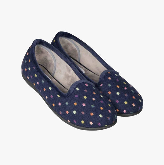 Padders Padders ALBERTINE Womens Ballerina Slippers Navy Woven Spot - Shuperb