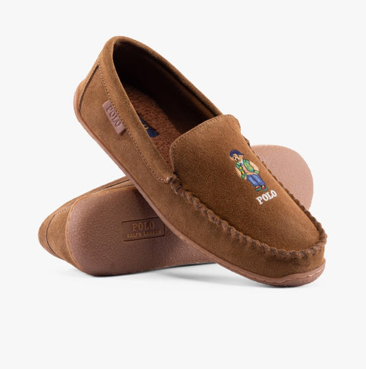 Polo Ralph Lauren BRENAN POLO BEAR Mens Moccasin Slippers Brown - Shuperb