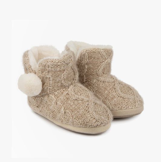 Totes Toasties CABLE BOOT Slippers WITH POM POM Womens Oat - Shuperb