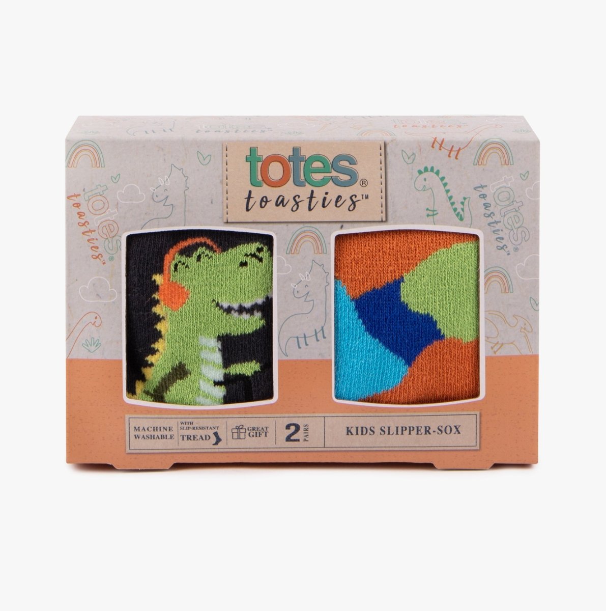 Totes Toasties ORIGINAL Slipper Socks (Twin Pack) Unisex Kids Socks Dino - Shuperb