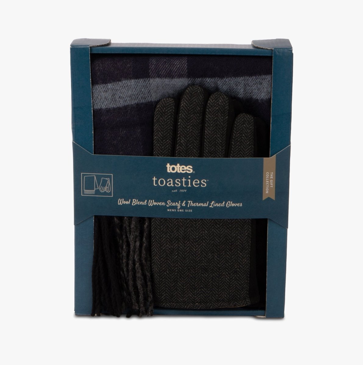 Totes Toasties WOOL BLEND Check Scarf and Thermal Lined Glove Set Mens Navy/Multi - Shuperb