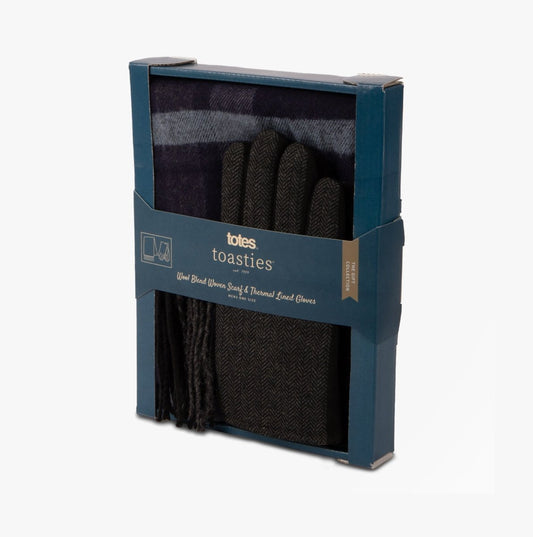 Totes Toasties WOOL BLEND Check Scarf and Thermal Lined Glove Set Mens Navy/Multi - Shuperb