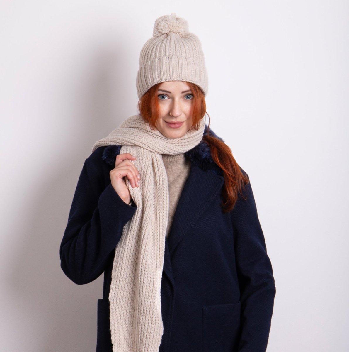 Totes Toasties KNITTED Hat And Scarf Set with Pom Pom Detail Womens Oat - Shuperb