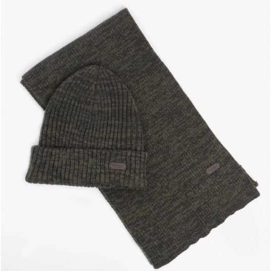 Barbour CRIMDON BEANIE & SCARF Mens Gift Set Olive Twist - Shuperb