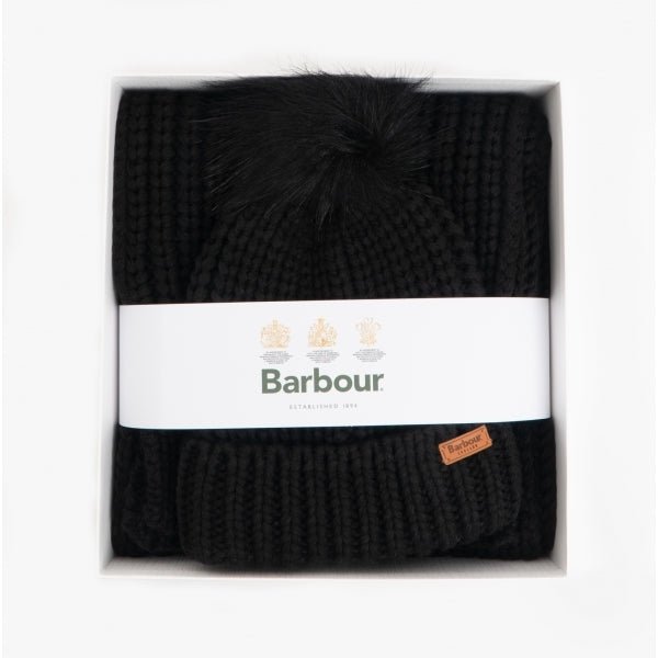 Barbour SALTBURN BEANIE & SCARF Womens Gift Set Black - Shuperb