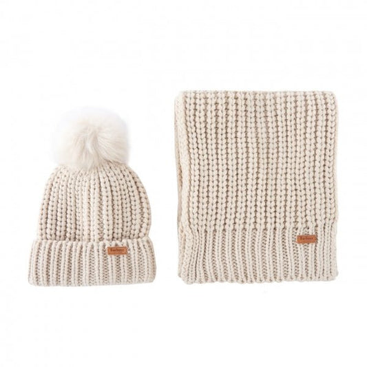 Barbour SALTBURN BEANIE & SCARF Womens Gift Set Pearl - Shuperb