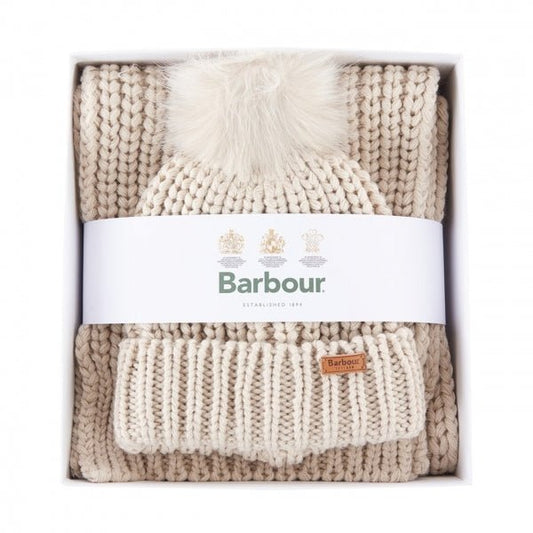 Barbour SALTBURN BEANIE & SCARF Womens Gift Set Pearl - Shuperb